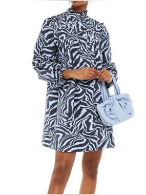 Ganni Blue Black Zebra Print Cotton Poplin Mini Dress High Neck Size 38 NWOT